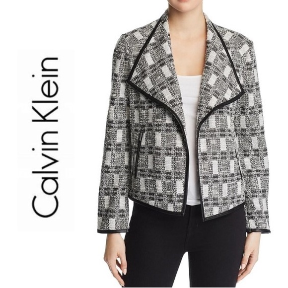 NWT CALVIN KLEIN Leather Trim Tweed Jacket Coat - Picture 1 of 2